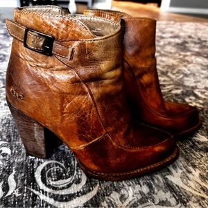 Bed Stu Tan Cognac Leather Ankle Booties with Buckle Accent
